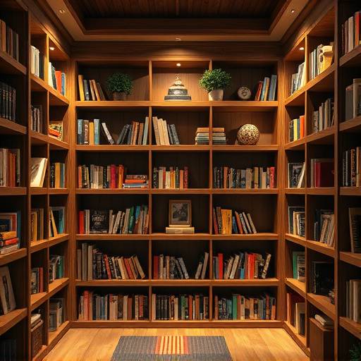 Estante de madeira com prateleiras espaäosas para livros e objetos decorativos