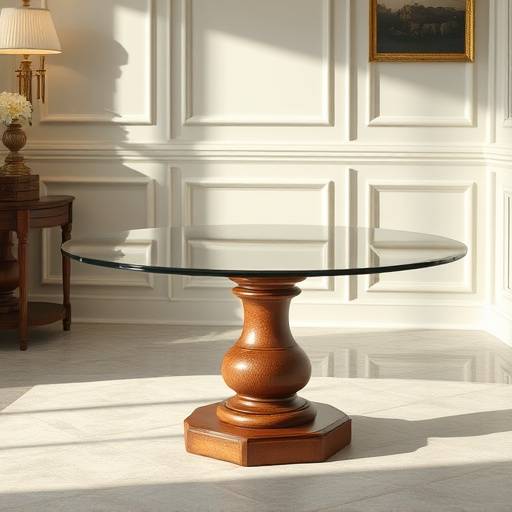 Mesa de jantar redonda com tampo de vidro e base de madeira torneada