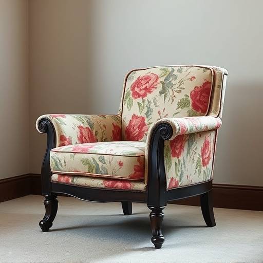 Poltrona clássica com estampa floral e estrutura de madeira escura